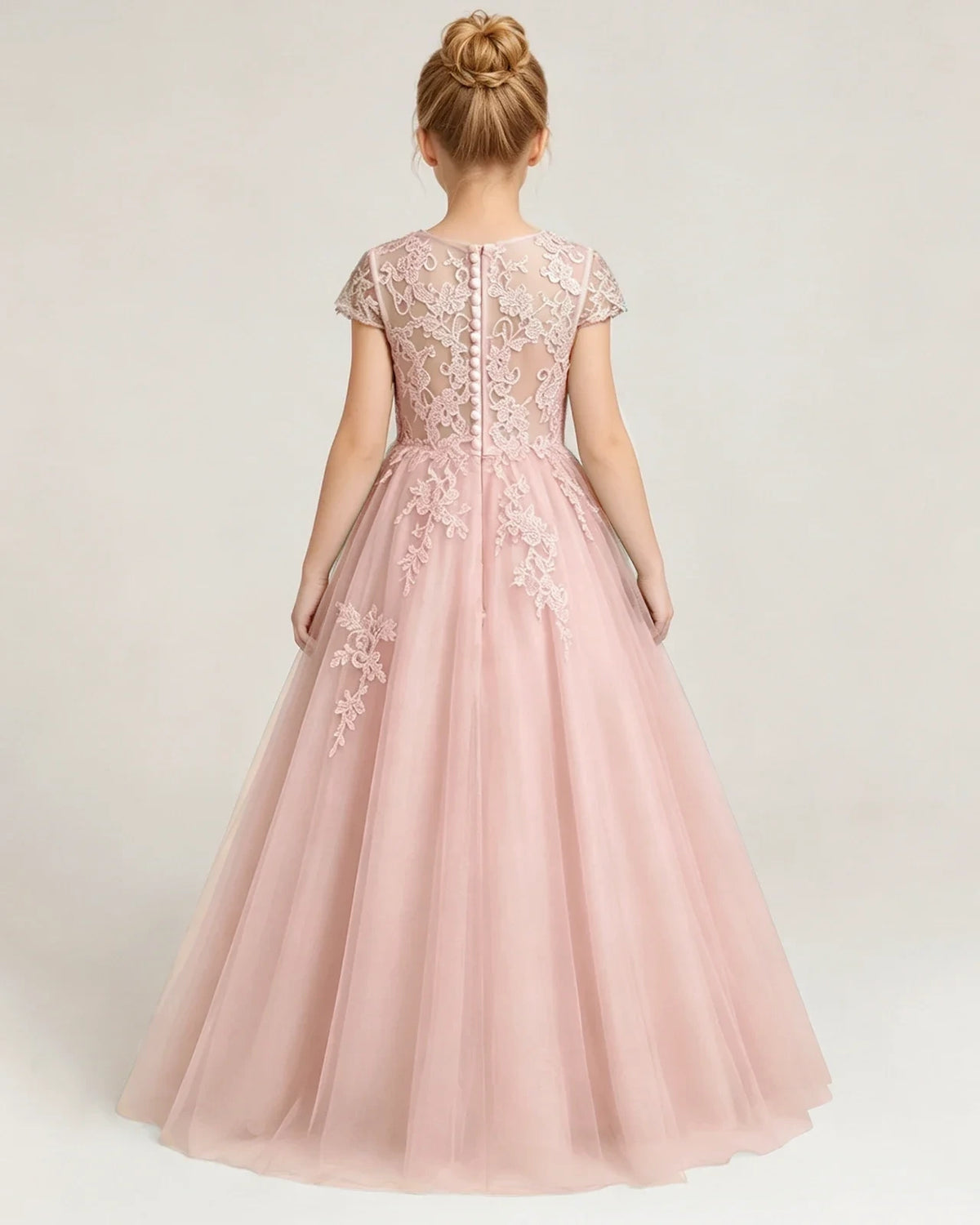 Blush Pink Lace A-line Flower Girl Dress Back View