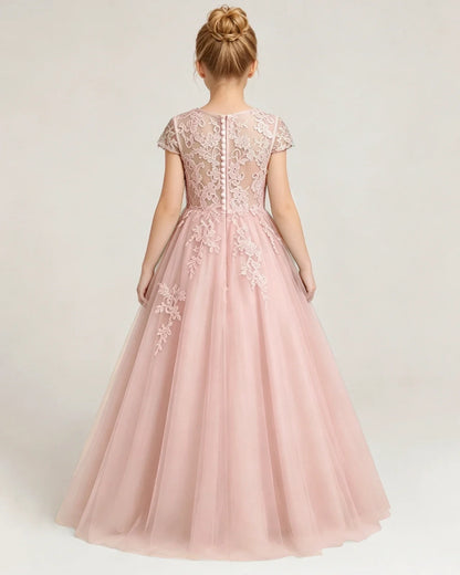 Blush Pink Lace A-line Flower Girl Dress Back View