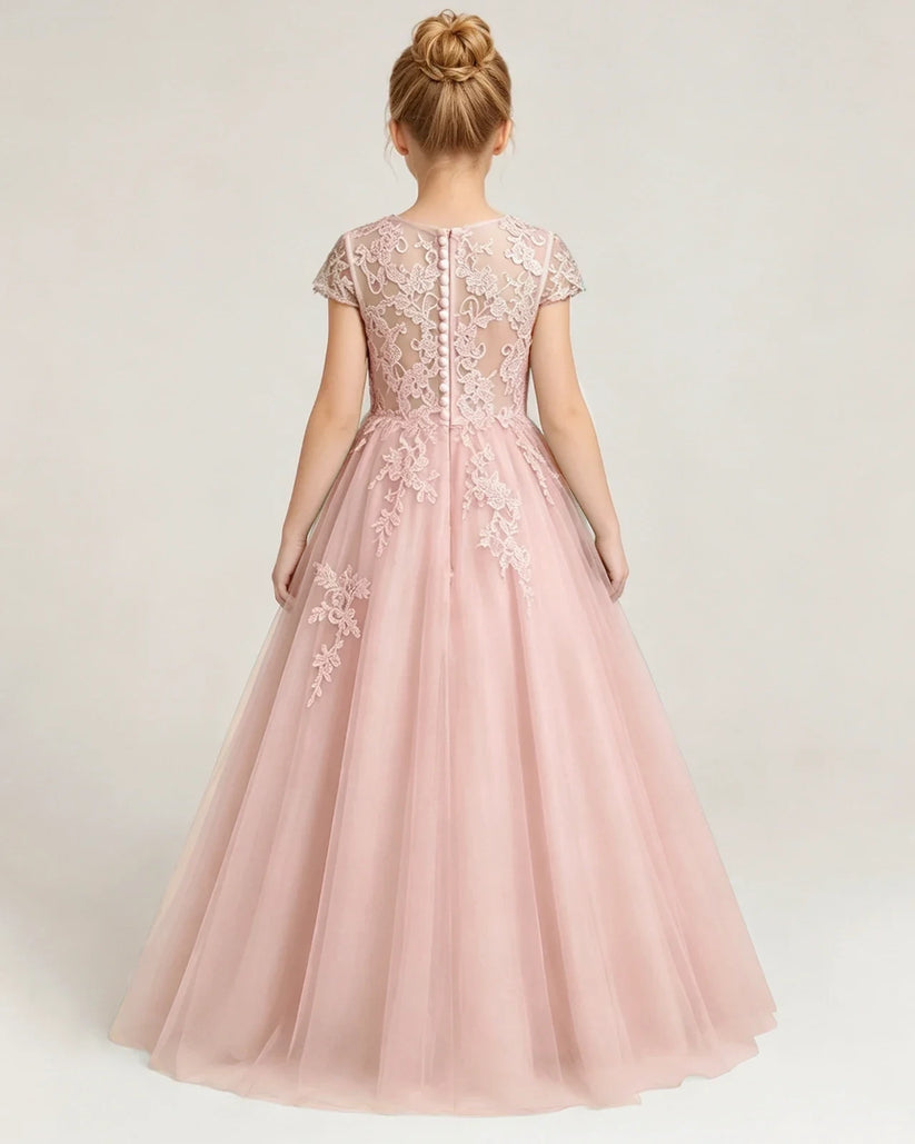 Blush Pink Lace A-line Flower Girl Dress Back View