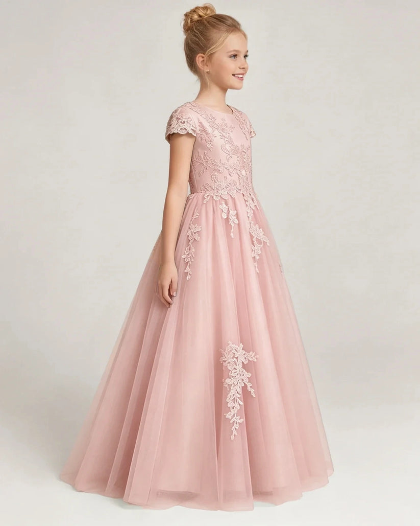 Blush Pink Tulle A-line Flower Girl Dress Side View