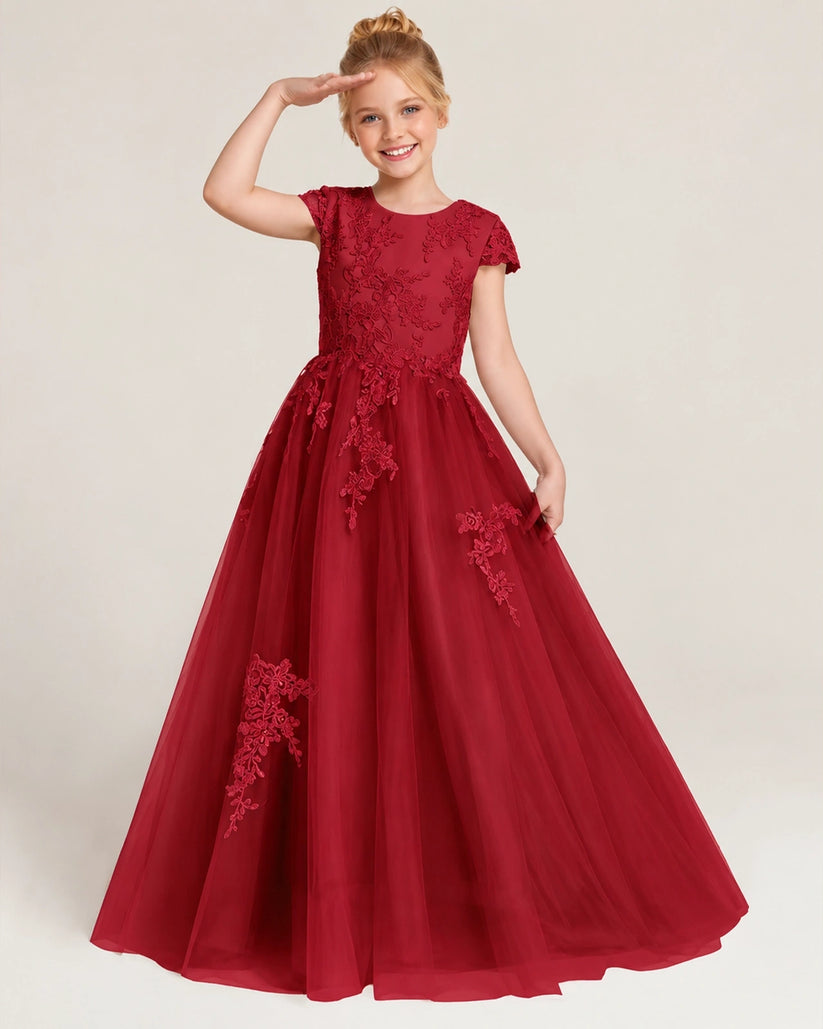 Burgundy Tulle A-line Flower Girl Dress Front View