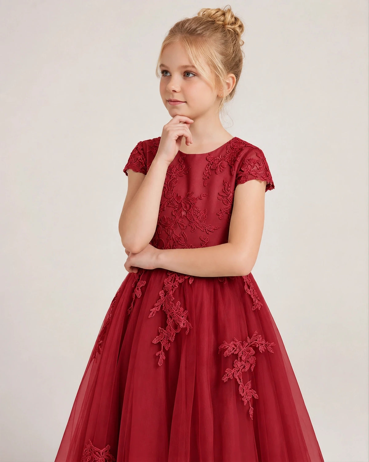 Burgundy Tulle A-line Flower Girl Dress Front View