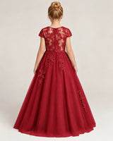Burgundy Tulle A-line Flower Girl Dress Back View
