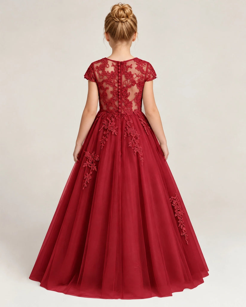 Burgundy Tulle A-line Flower Girl Dress Back View