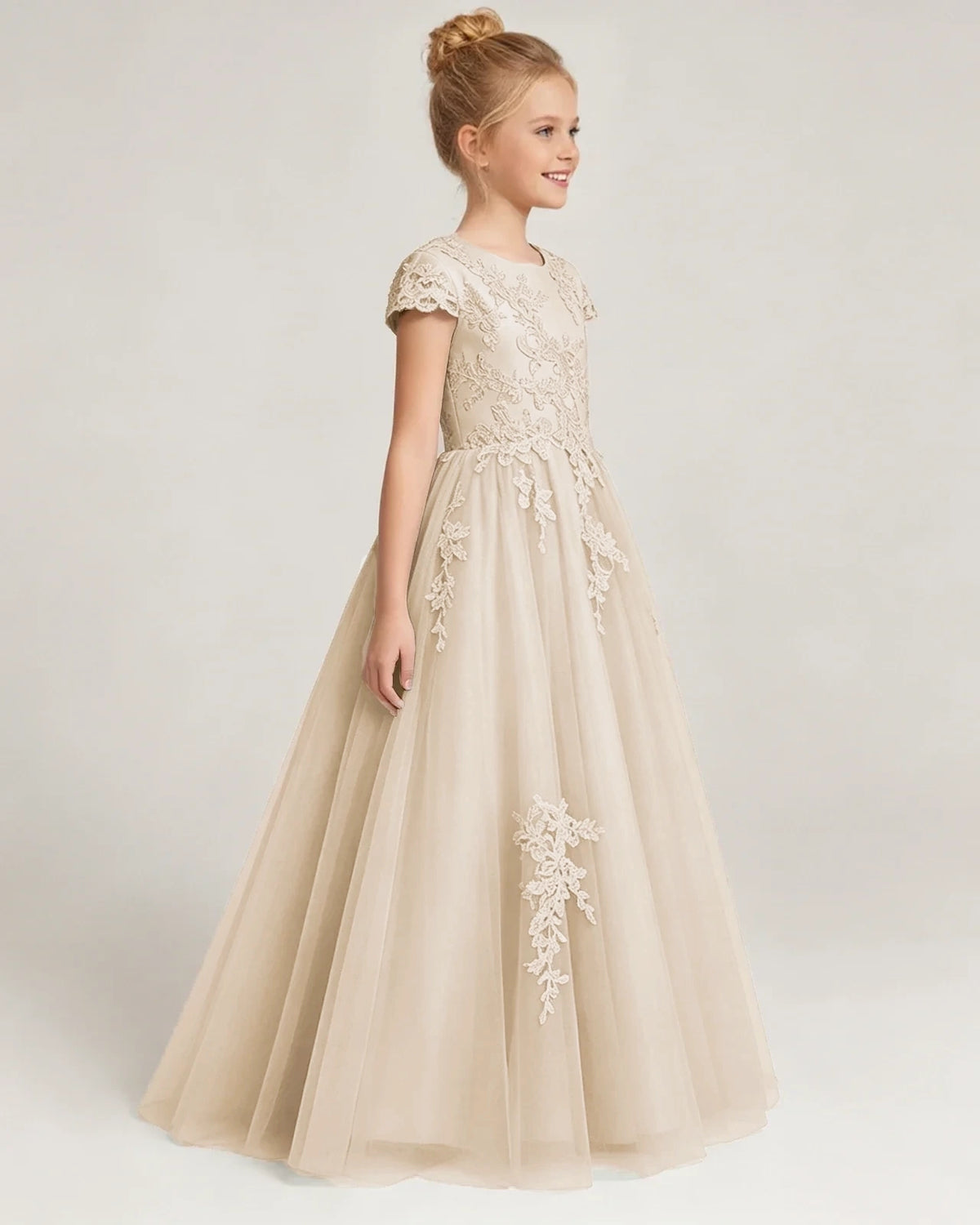 Champagne Lace A-line Flower Girl Dress Side View