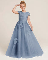 Dusty Blue Tulle A-line Flower Girl Dress Front View