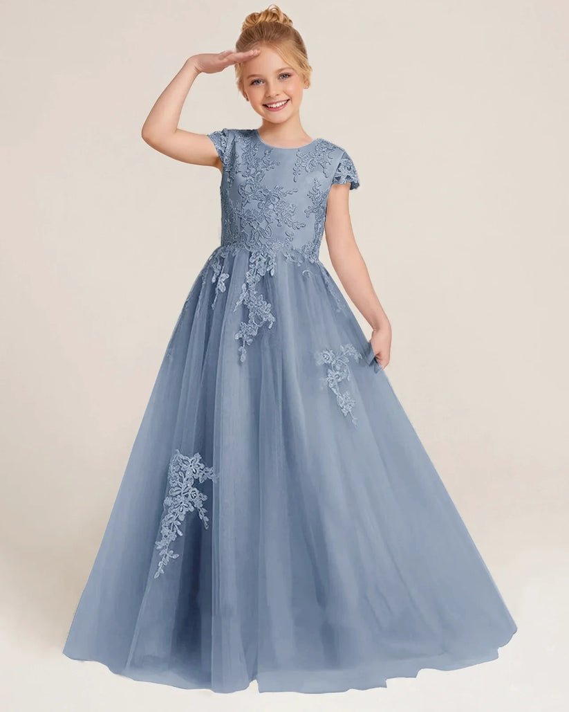 Dusty Blue Tulle A-line Flower Girl Dress Front View