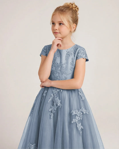 Dusty Blue Tulle A-line Flower Girl Dress Front View