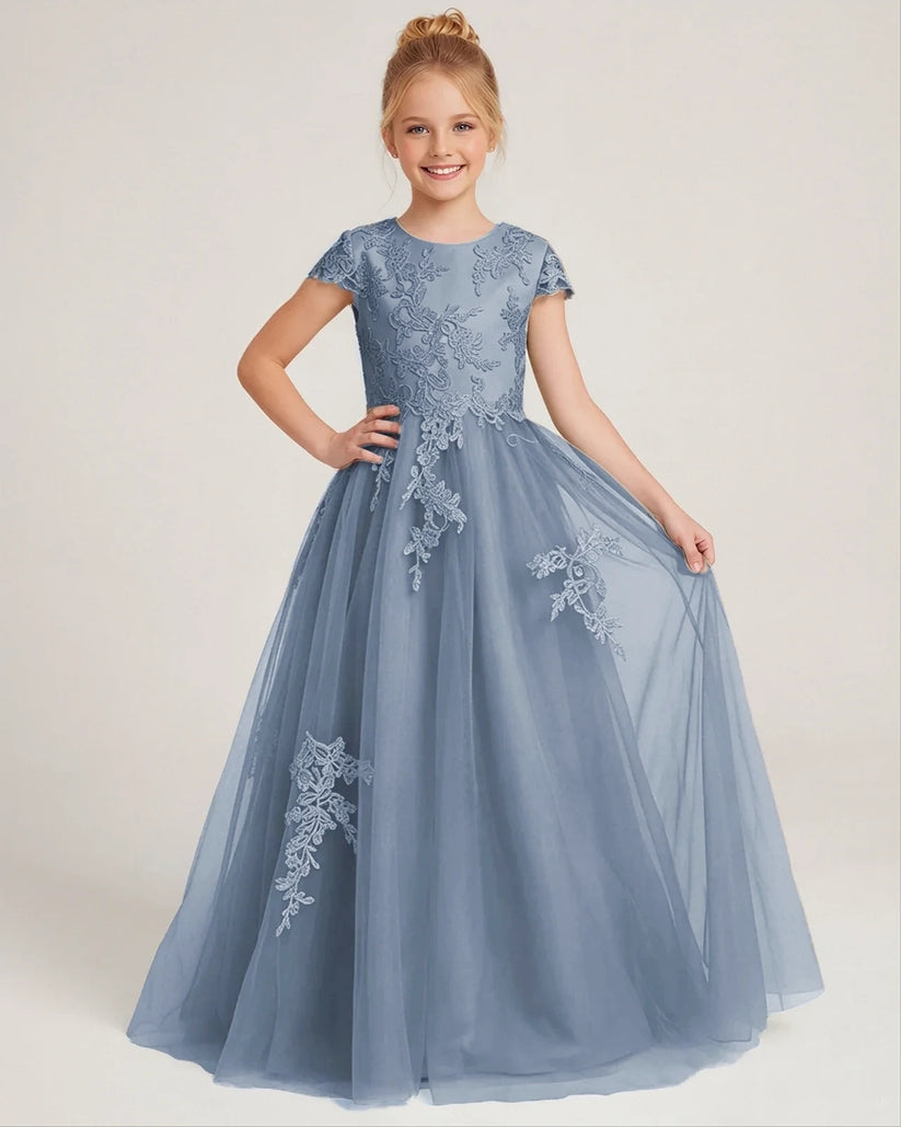 Dusty Blue Tulle A-line Flower Girl Dress Front View