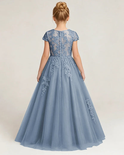 Dusty Blue Lace A-line Flower Girl Dress Back View