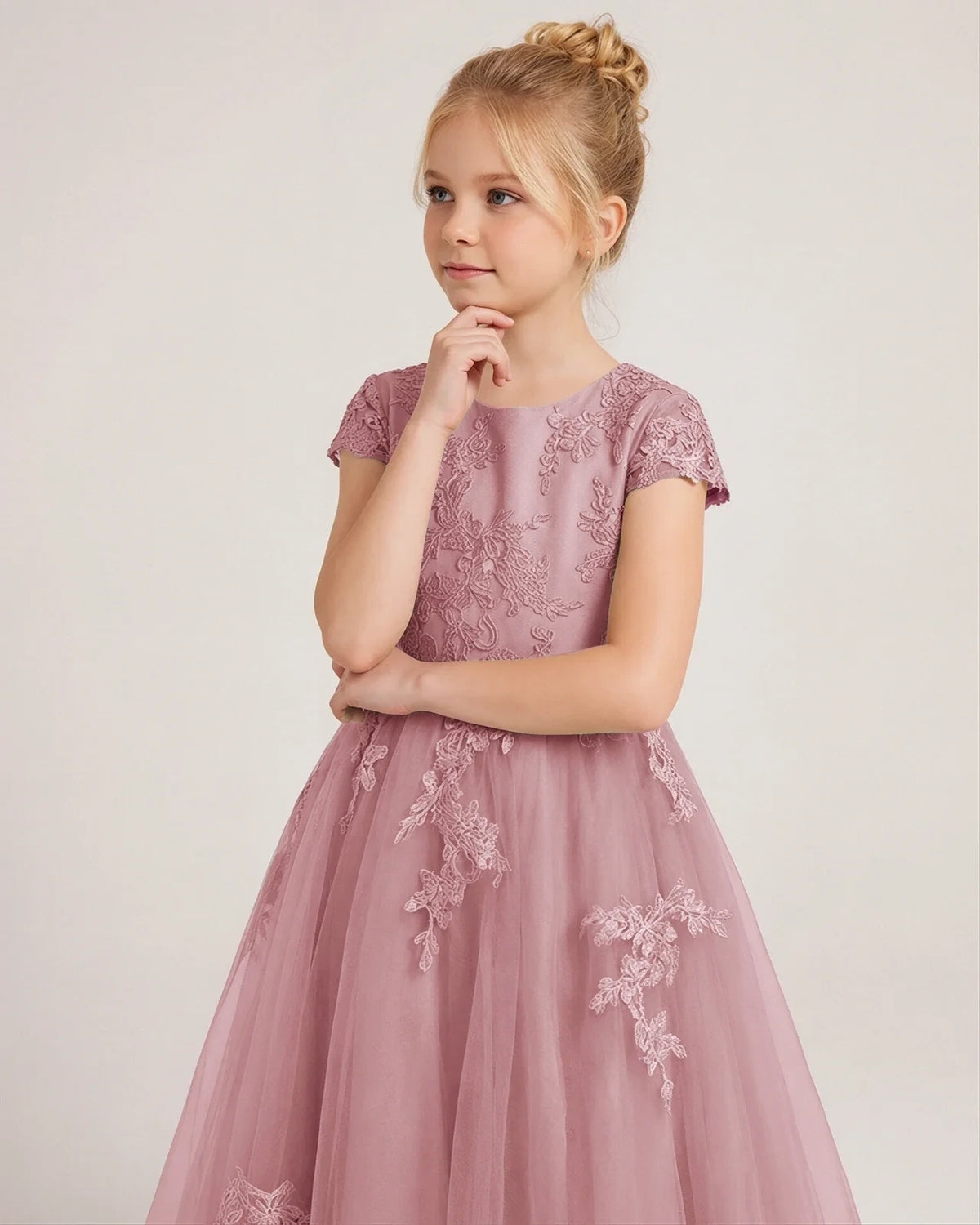 Dusty Rose Tulle A-line Flower Girl Dress Side View