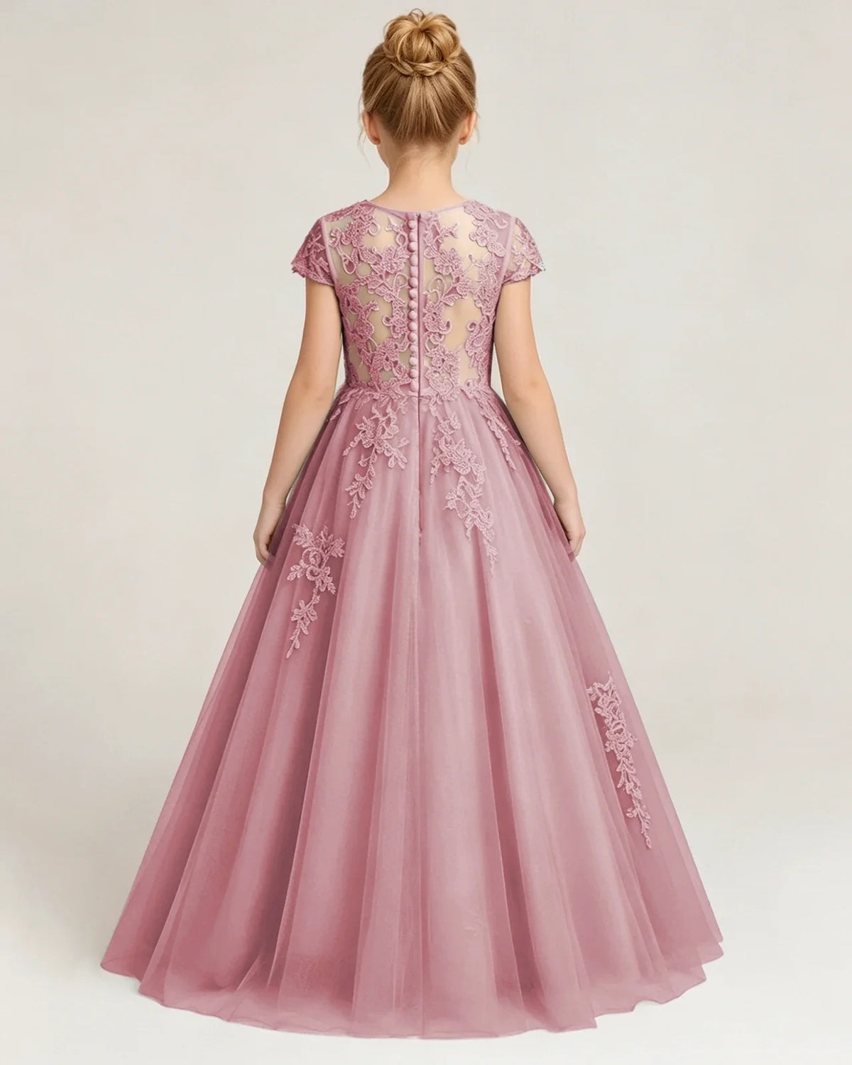 Dusty Rose Tulle A-line Flower Girl Dress Back View