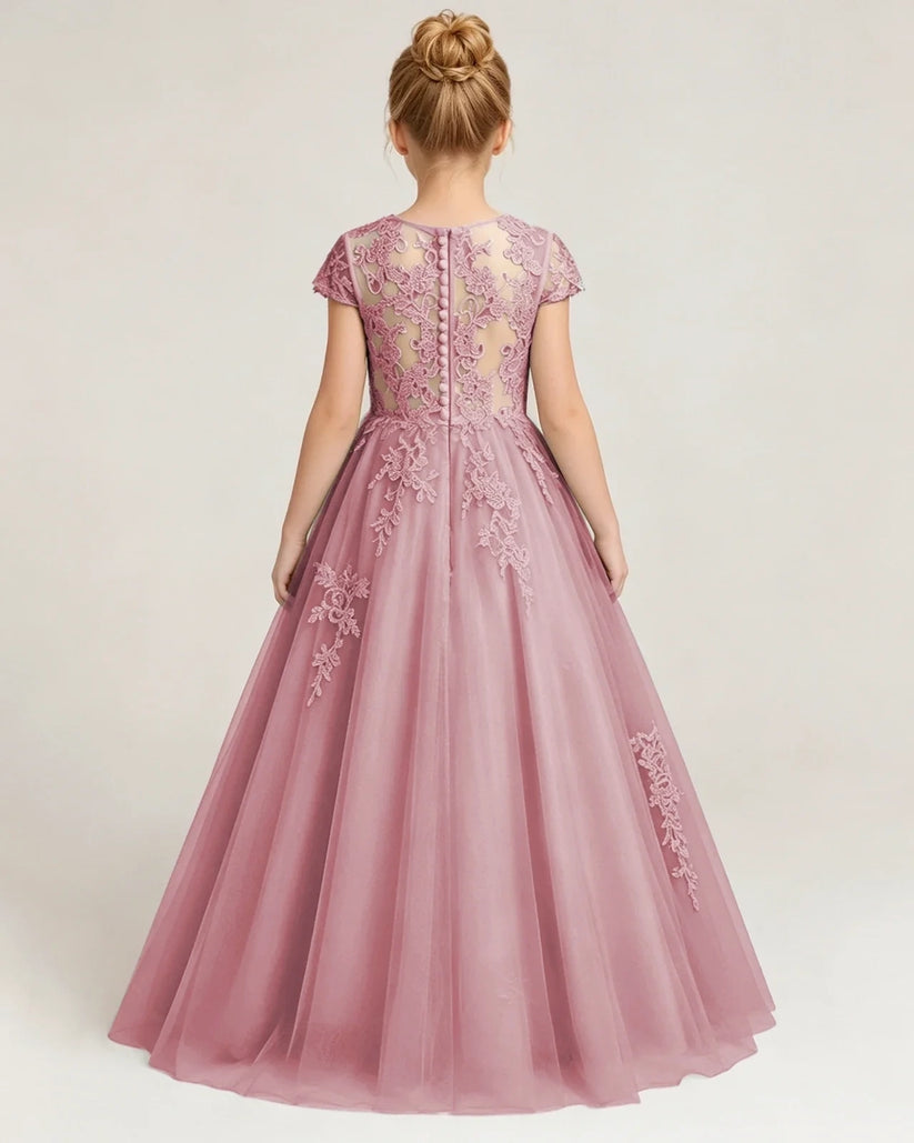 Dusty Rose Tulle A-line Flower Girl Dress Back View