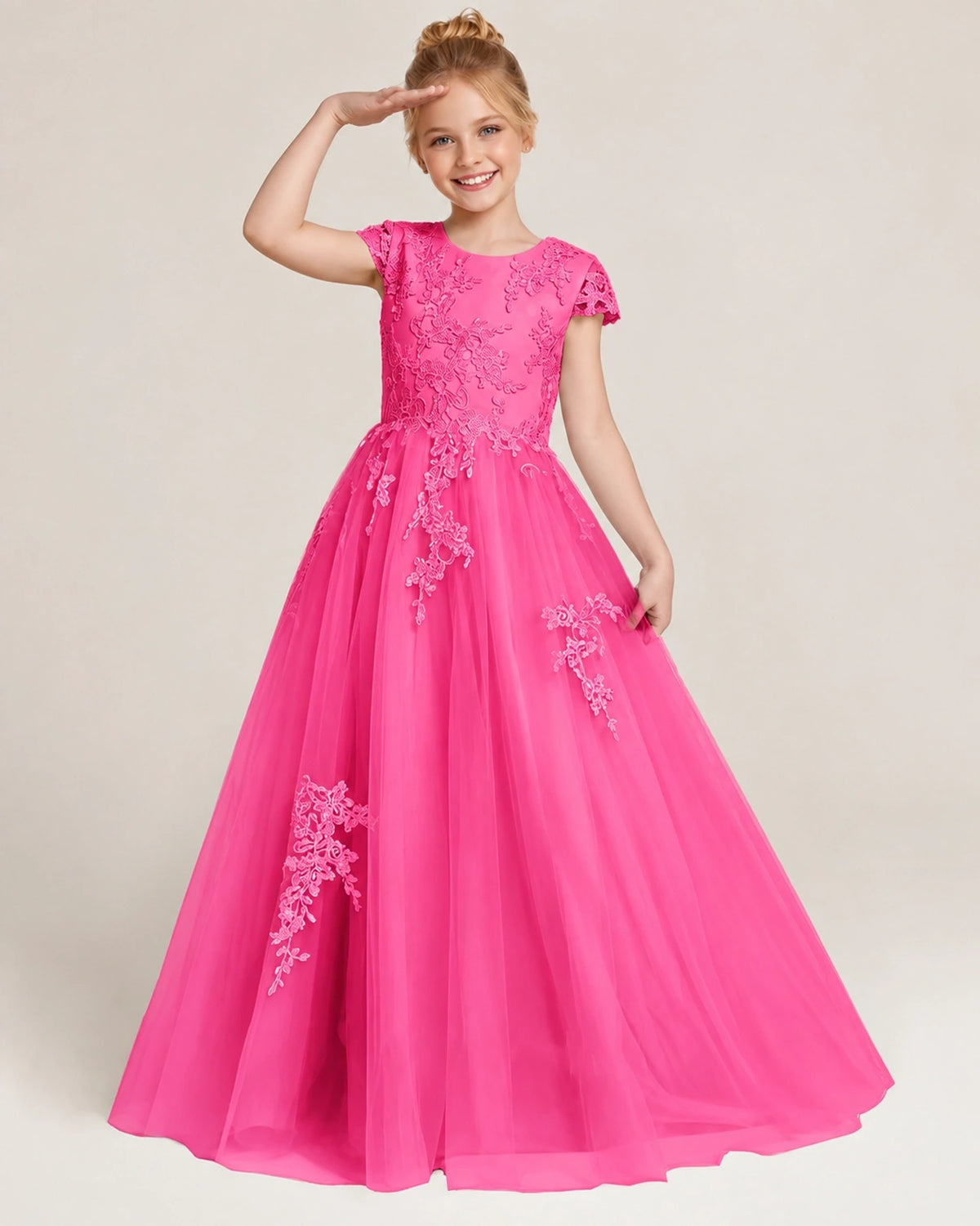 Hot Pink Tulle A-line Flower Girl Dress Front View