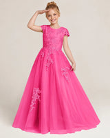 Hot Pink Tulle A-line Flower Girl Dress Front View