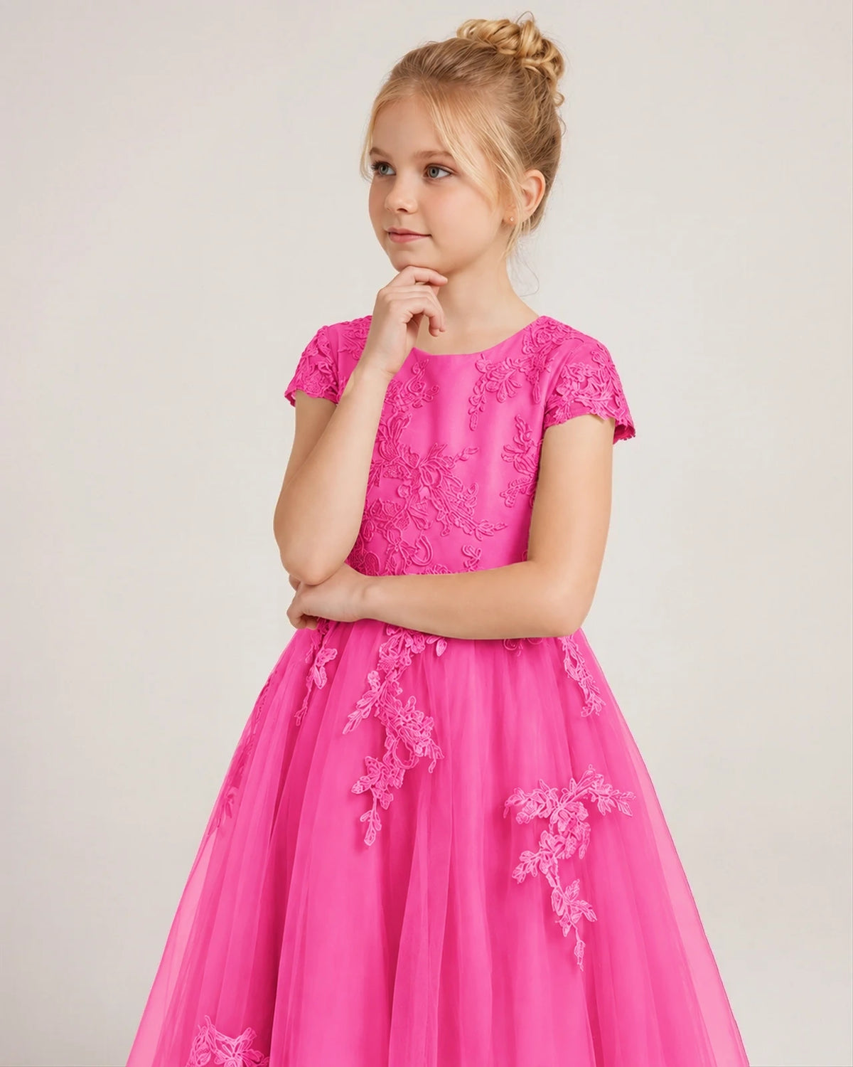 Hot Pink Tulle A-line Flower Girl Dress Front View