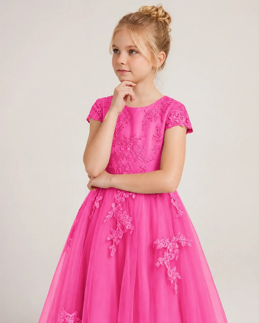 Hot Pink Tulle A-line Flower Girl Dress Front View