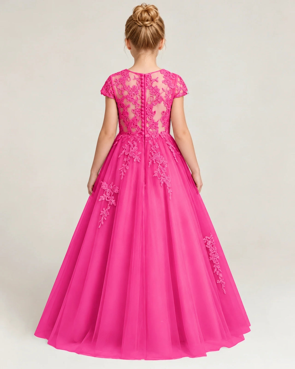 Hot Pink Lace A-line Flower Girl Dress Back View