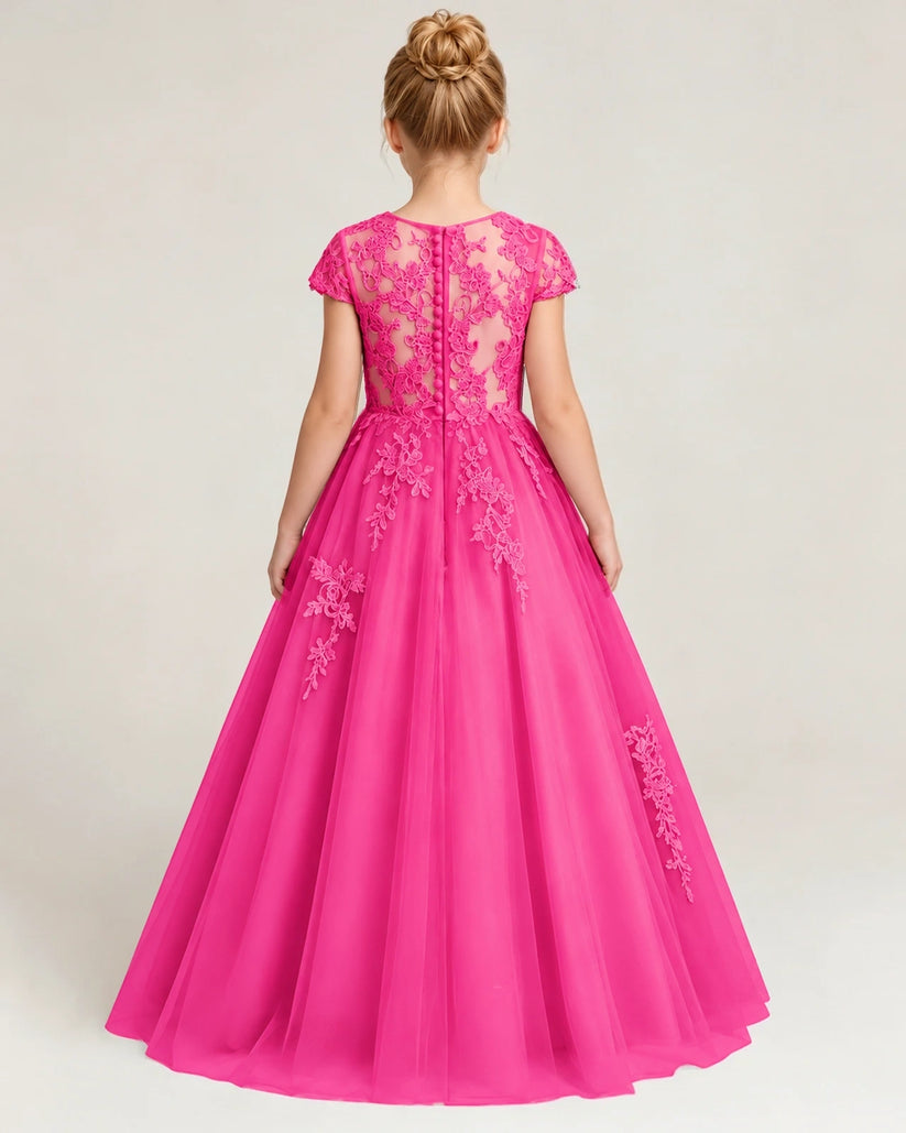 Hot Pink Lace A-line Flower Girl Dress Back View