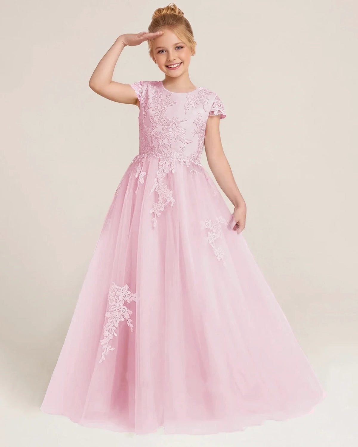 Pink Tulle A-line Flower Girl Dress Front View