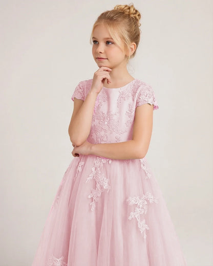 Pink Tulle A-line Flower Girl Dress Front View