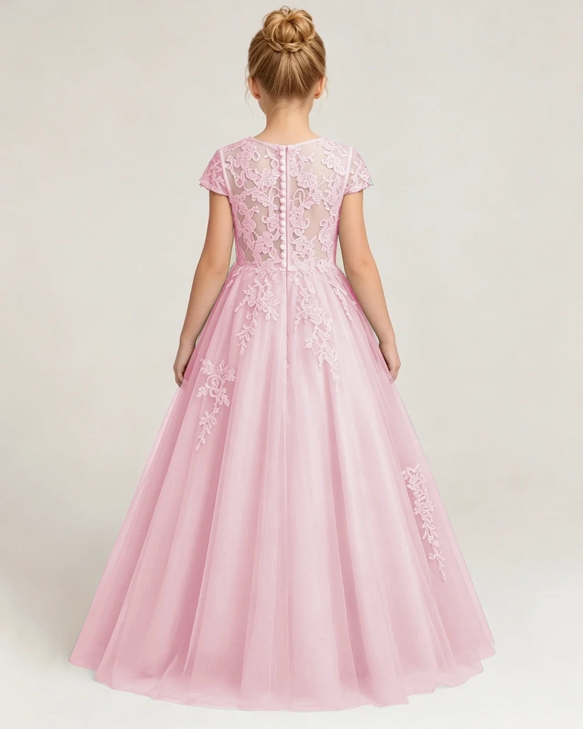 Pink Tulle A-line Flower Girl Dress Back View