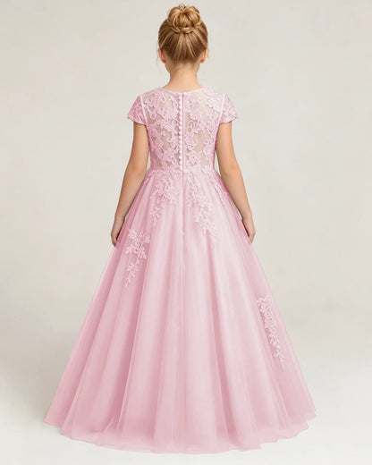 Pink Tulle A-line Flower Girl Dress Back View
