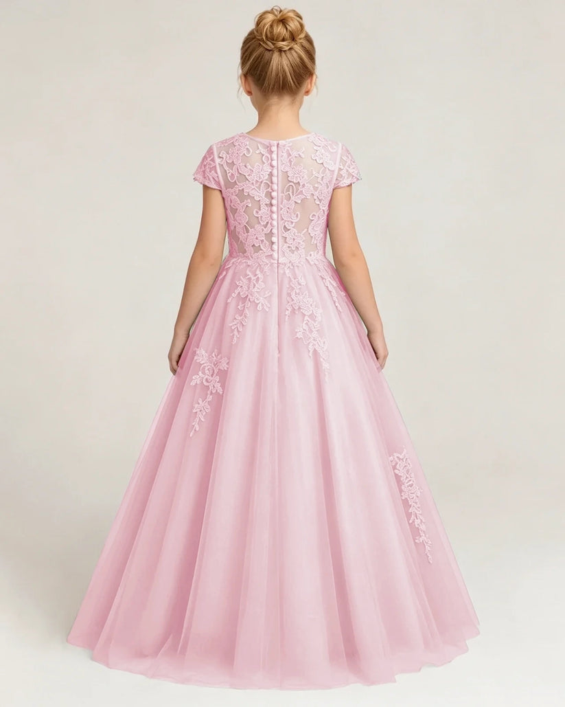 Pink Tulle A-line Flower Girl Dress Back View