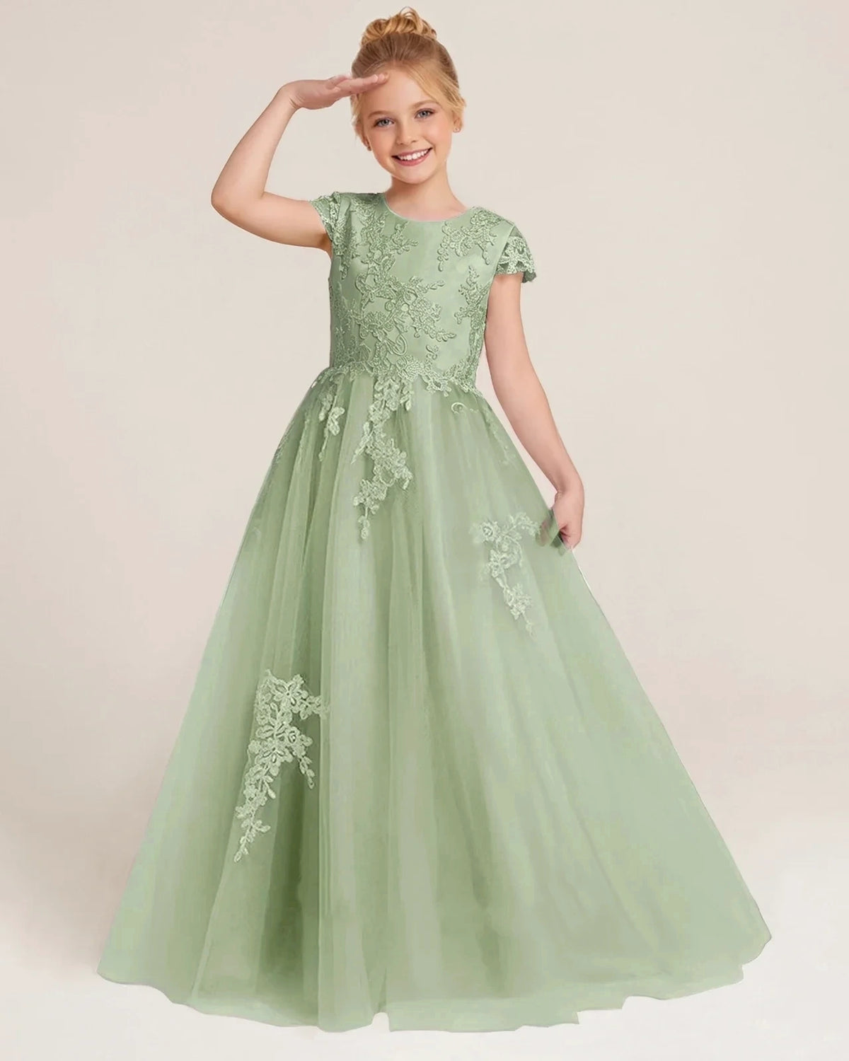 Sage Green Tulle A-line Flower Girl Dress Side View