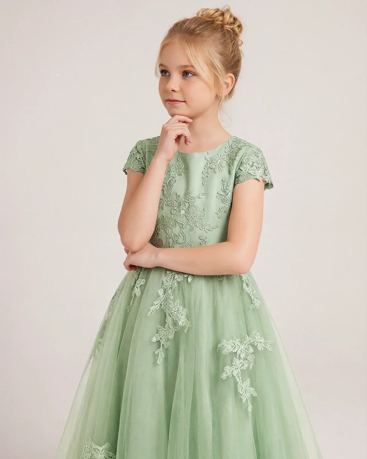 Sage Green Tulle A-line Flower Girl Dress Front View