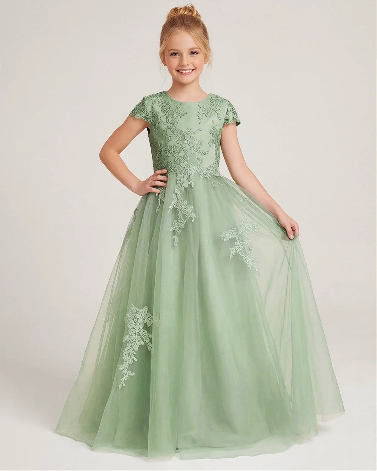 Sage Green Tulle A-line Flower Girl Dress Front View