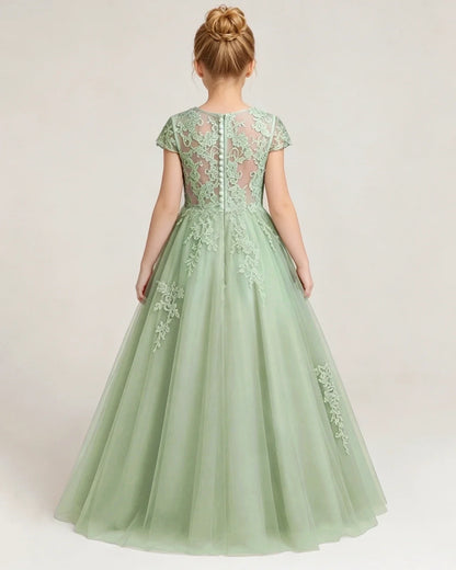 Sage Green Tulle A-line Flower Girl Dress Back View