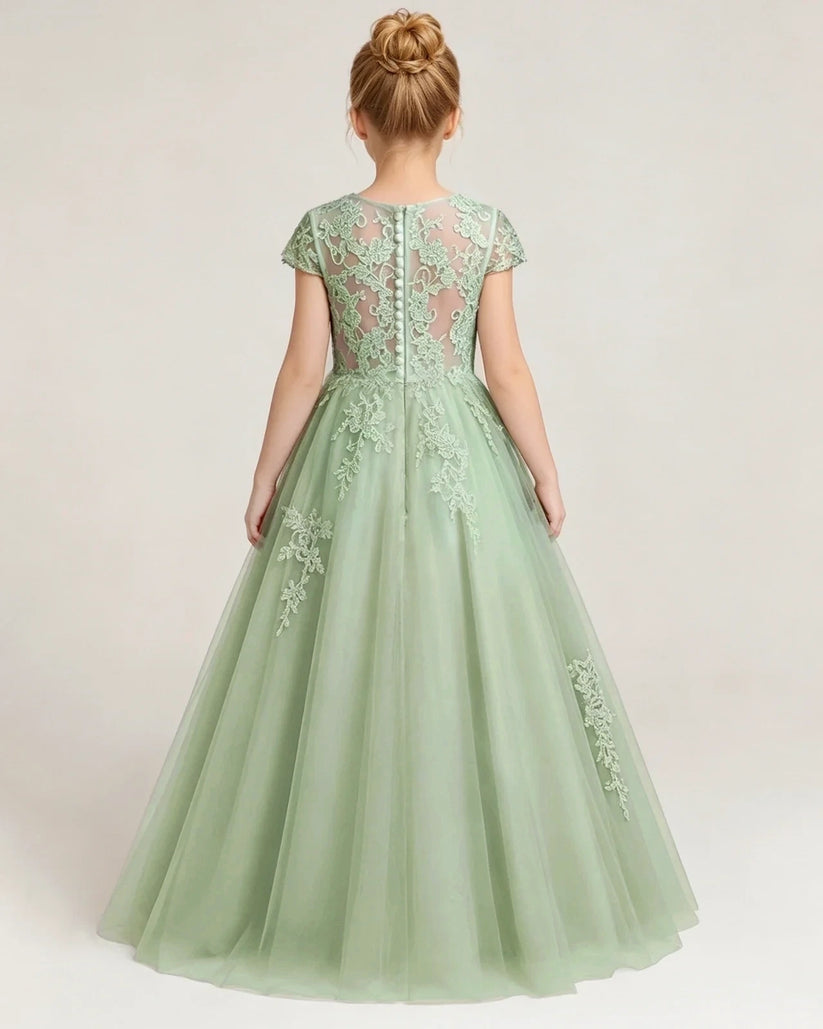 Sage Green Tulle A-line Flower Girl Dress Back View