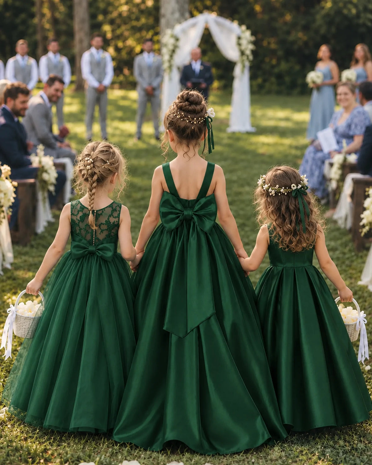 Dark Green Satin A-line Flower Girl Dress Back View