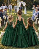 Dark Green Satin A-line Flower Girl Dress Back View
