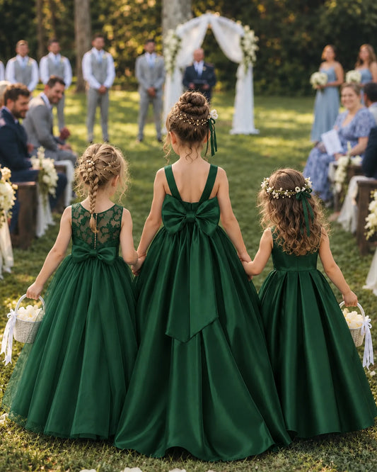 Dark Green Satin A-line Flower Girl Dress Back View