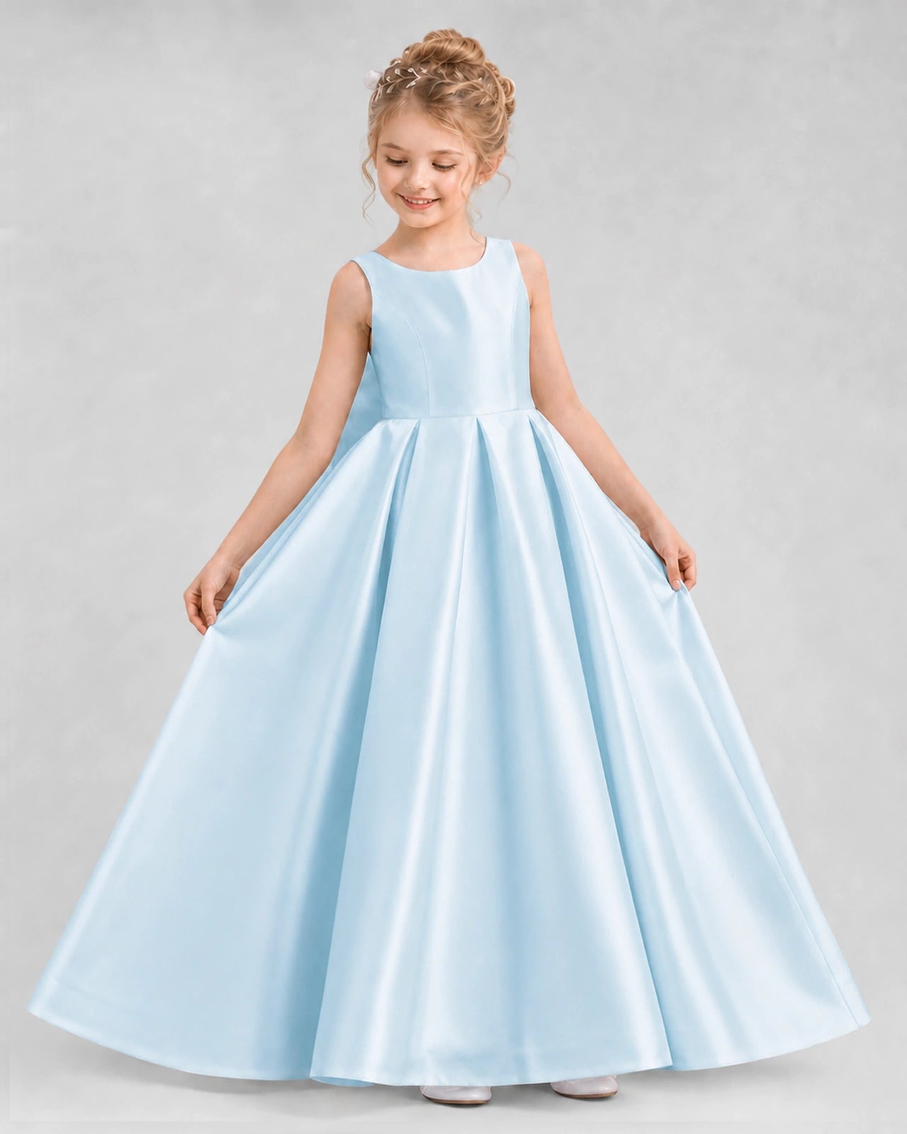 Baby Blue Satin A-line Flower Girl Dress Front View