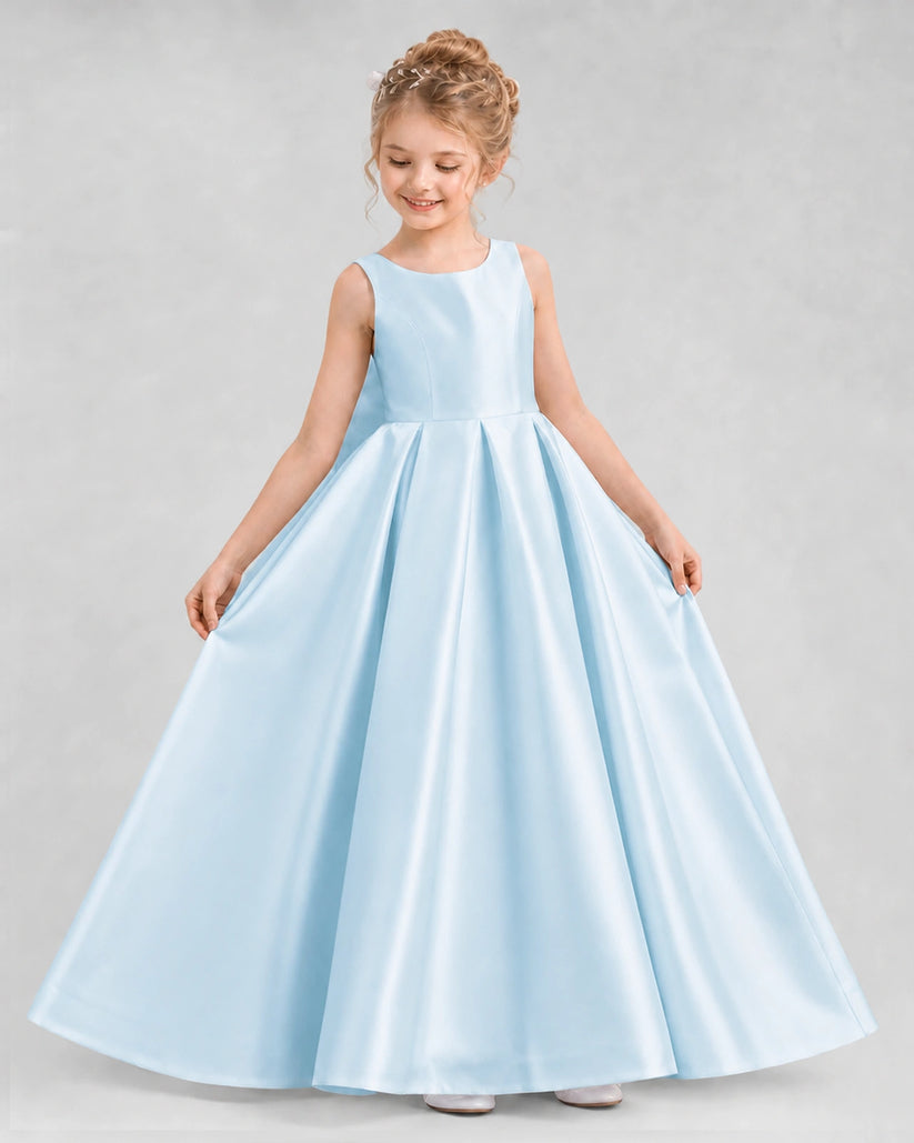 Baby Blue Satin A-line Flower Girl Dress Front View
