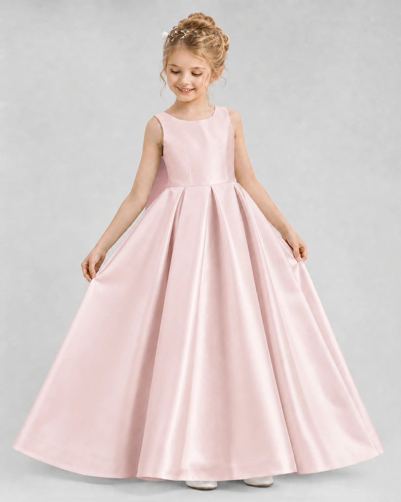 Blush Pink Satin A-line Flower Girl Dress Front View