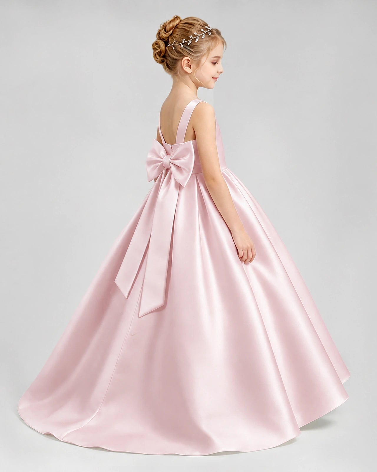 Blush Pink Satin A-line Flower Girl Dress Side View