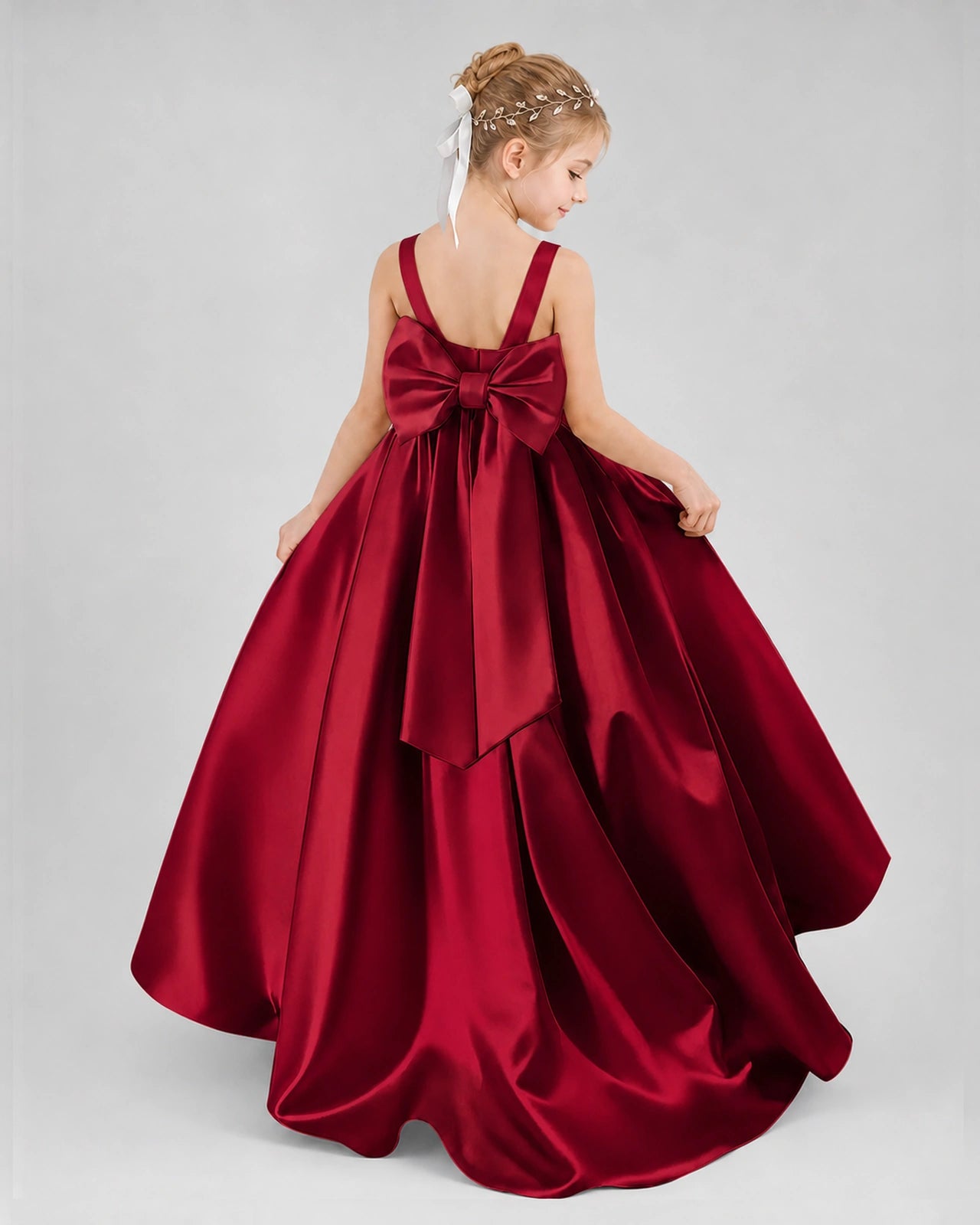 Burgundy Satin A-line Flower Girl Dress Back View