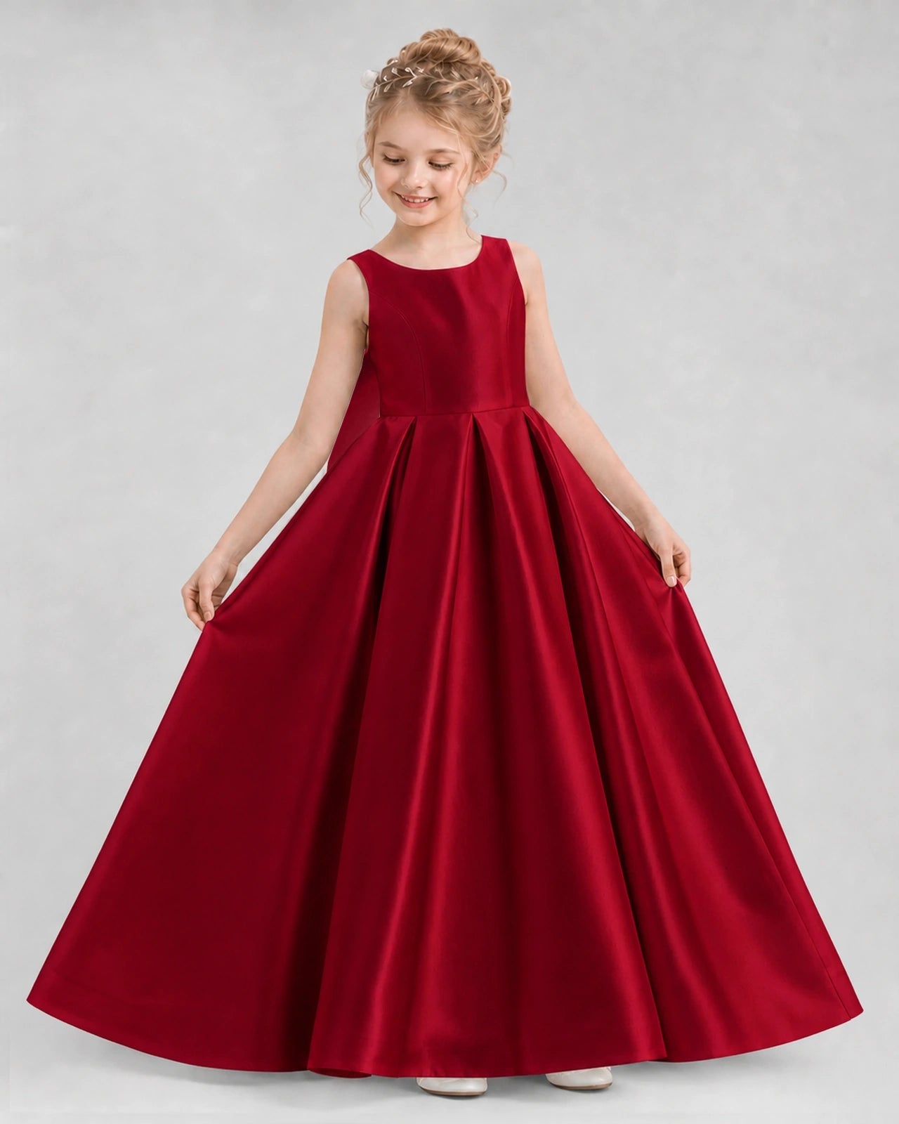 Burgundy Satin A-line Flower Girl Dress Front View