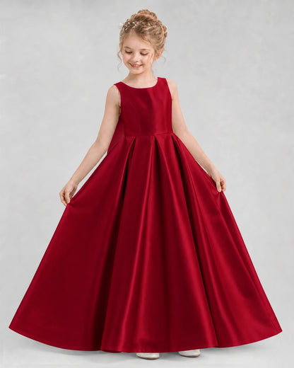 Burgundy Satin A-line Flower Girl Dress Front View