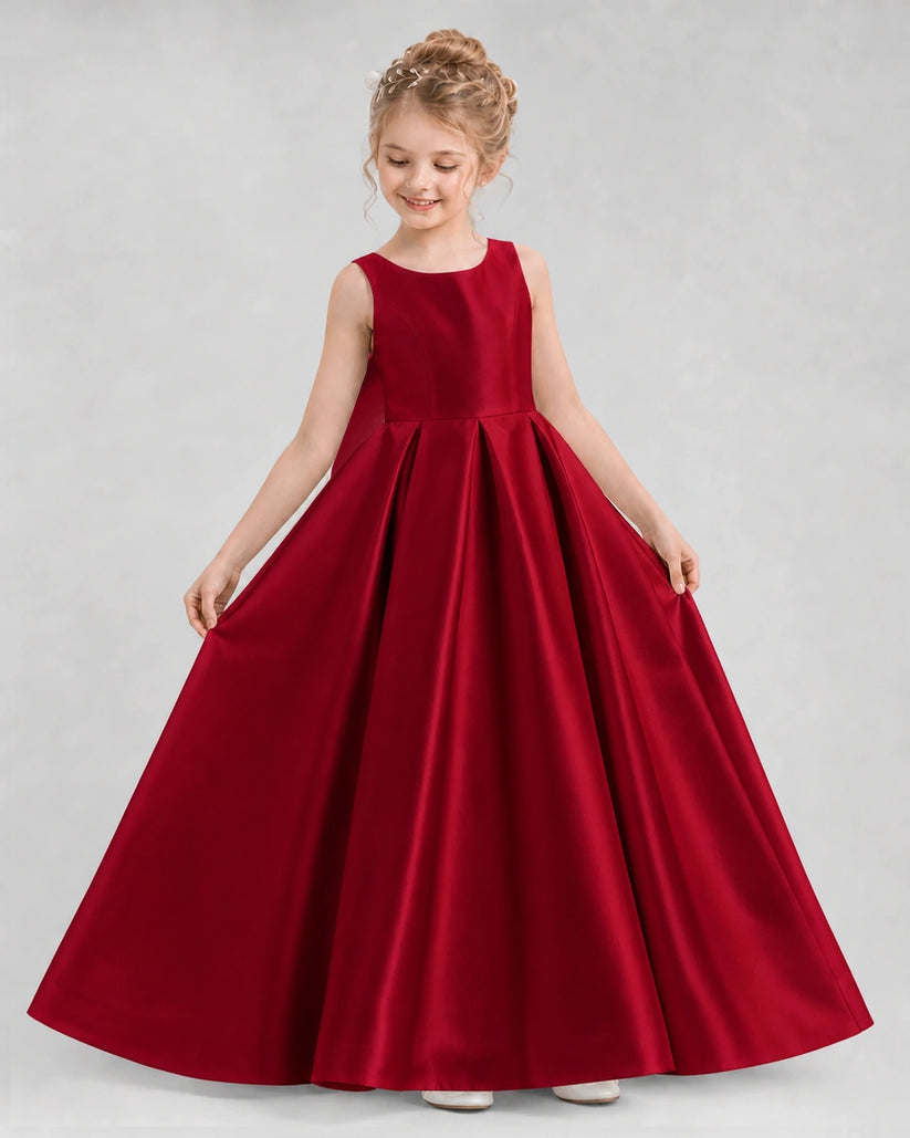Burgundy Satin A-line Flower Girl Dress Front View