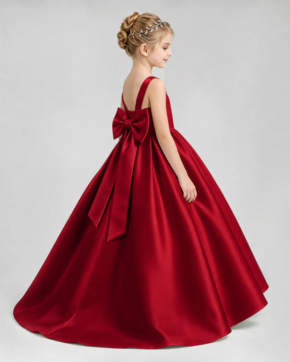 Burgundy Satin A-line Flower Girl Dress Side View