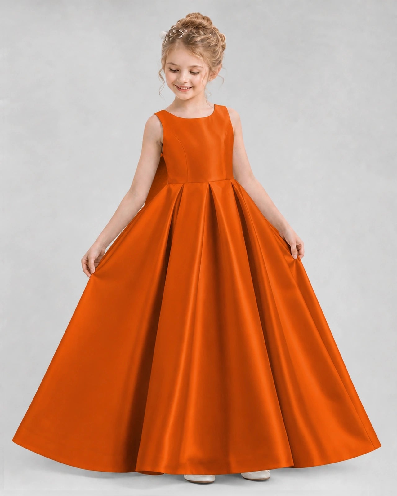 Burnt Orange Satin A-line Flower Girl Dress Front View