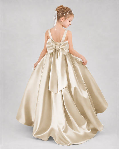 Champagne Satin A-line Flower Girl Dress Back View