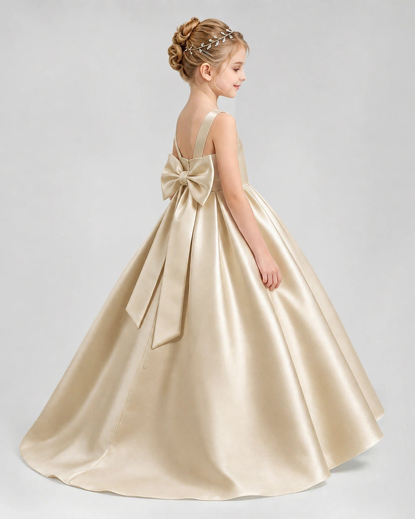 Champagne Satin A-line Flower Girl Dress Side View