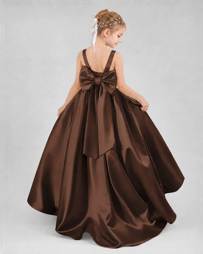 Chocolate Satin A-line Flower Girl Dress Back View