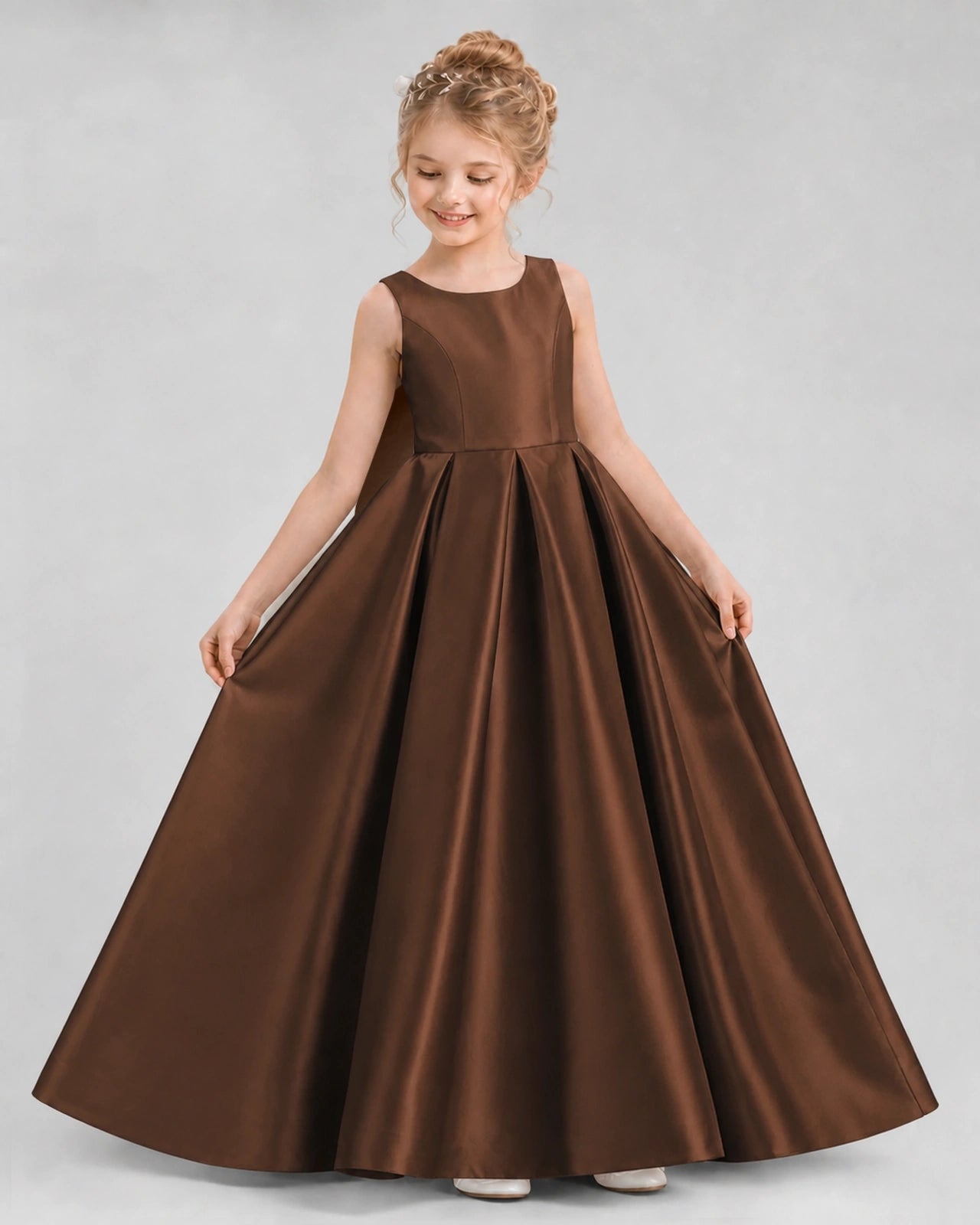 Chocolate Satin A-line Flower Girl Dress Front View